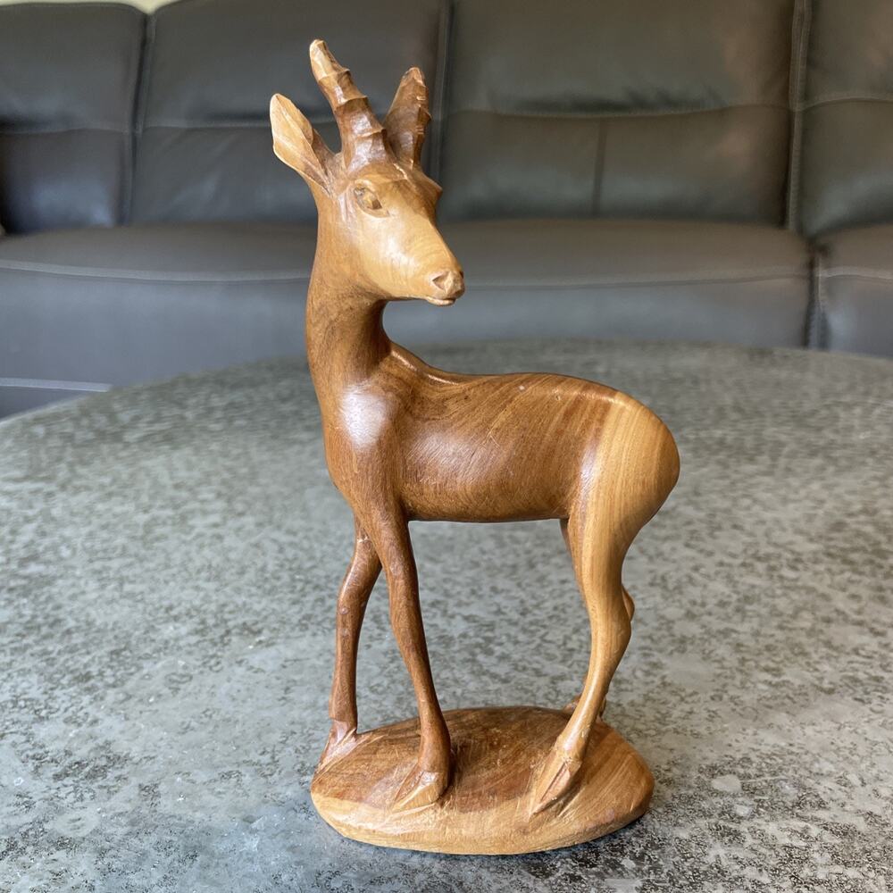 Hand Carved Wooden Gazelle Antelope Deer Statue Folk Art Sculptures Wood Impala